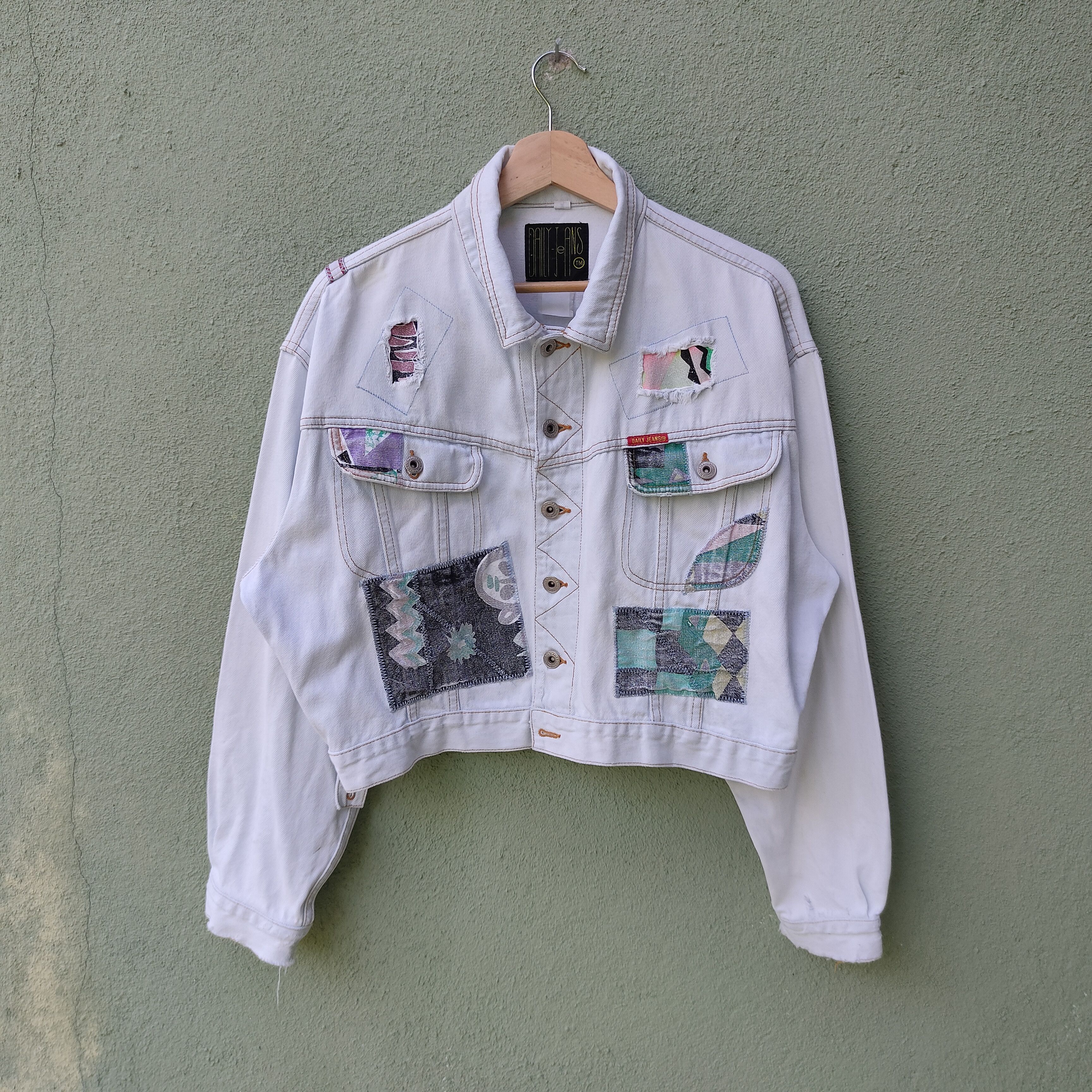image of Vintage Daily Jeans Patchwork Style Button Ups Rare Jacket in White, Men's (Size XL)