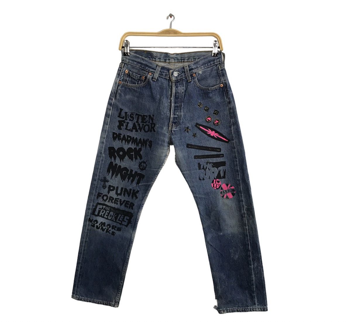 image of Levis Vintage Clothing x Rock Band Levis 501 Punk Rock Printed Denim Jeans Rocky Horror in Indigo (
