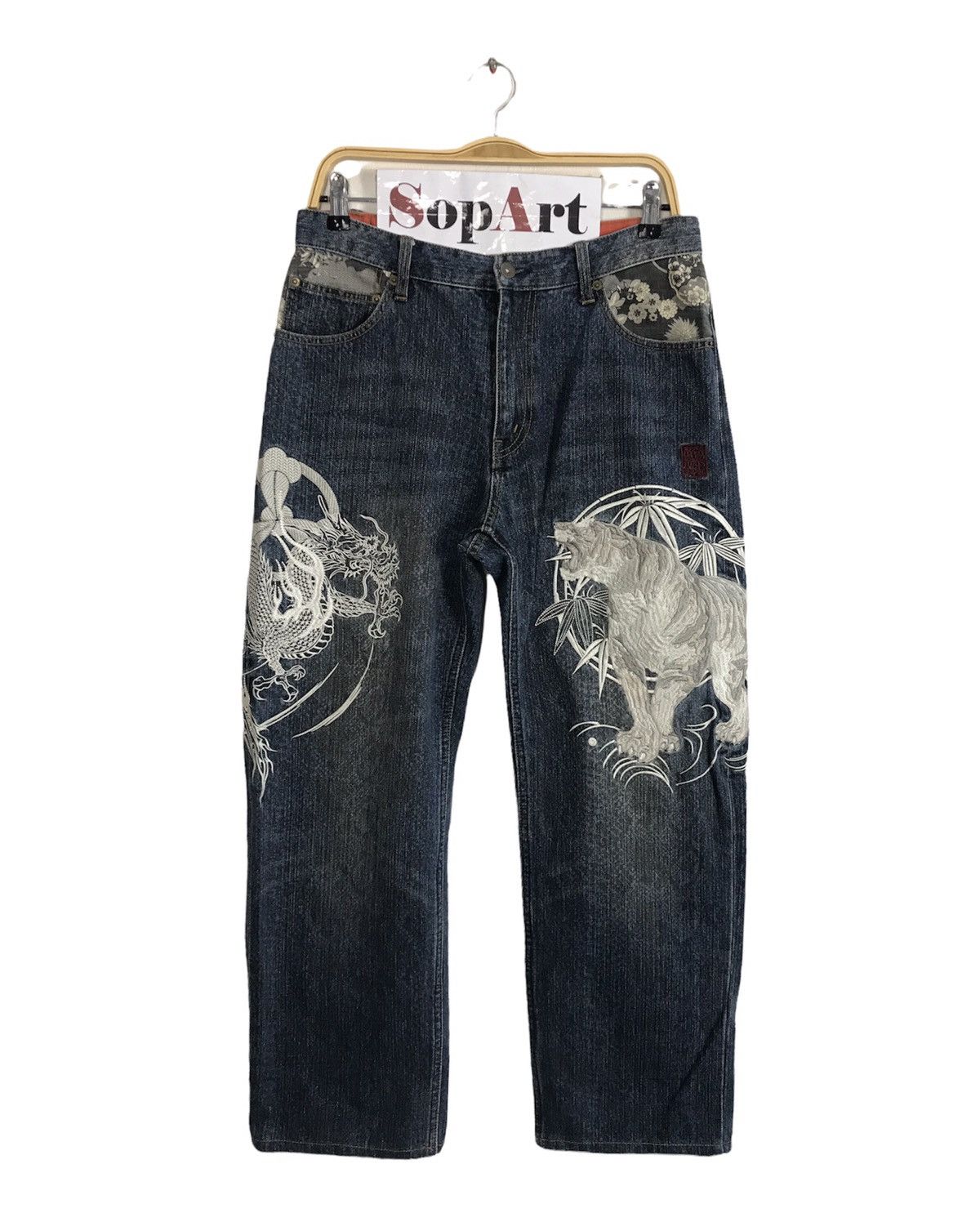 image of Vintage Kara Kuri Tamashi Dragon Tiger Embroidery Denim Design in Blue, Men's (Size 31)