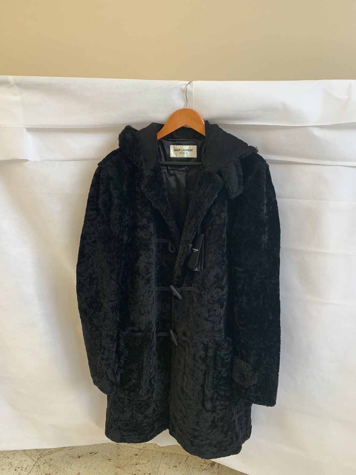 image of Saint Laurent Paris Heavy Duffle Shearling Coat With Suede Hood In Black, Men's (Size Large)