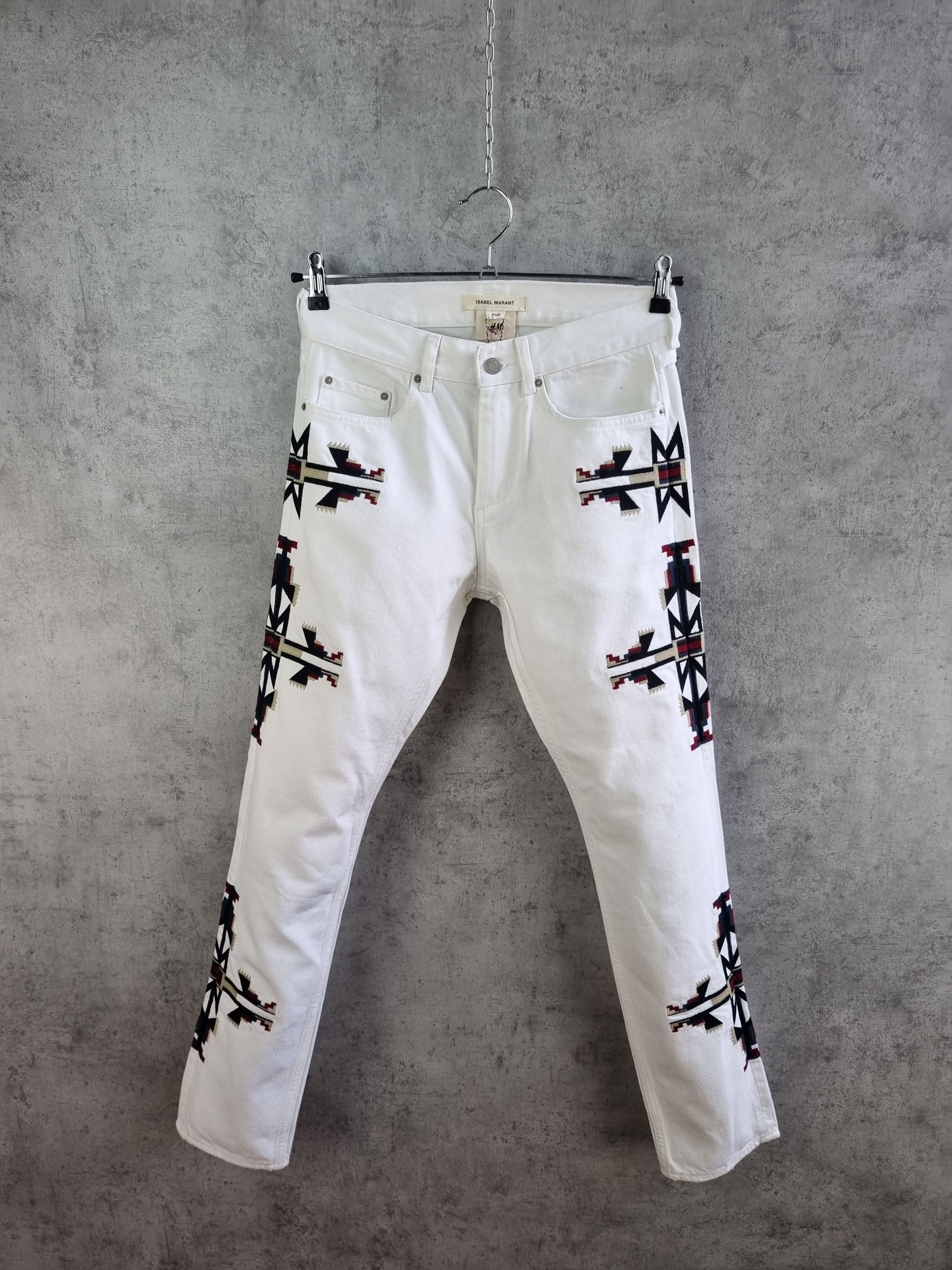 image of Avant Garde x Isabel Marant Embroidered Cowboy Design White Skinny Jeans in White Mix (Size 29)