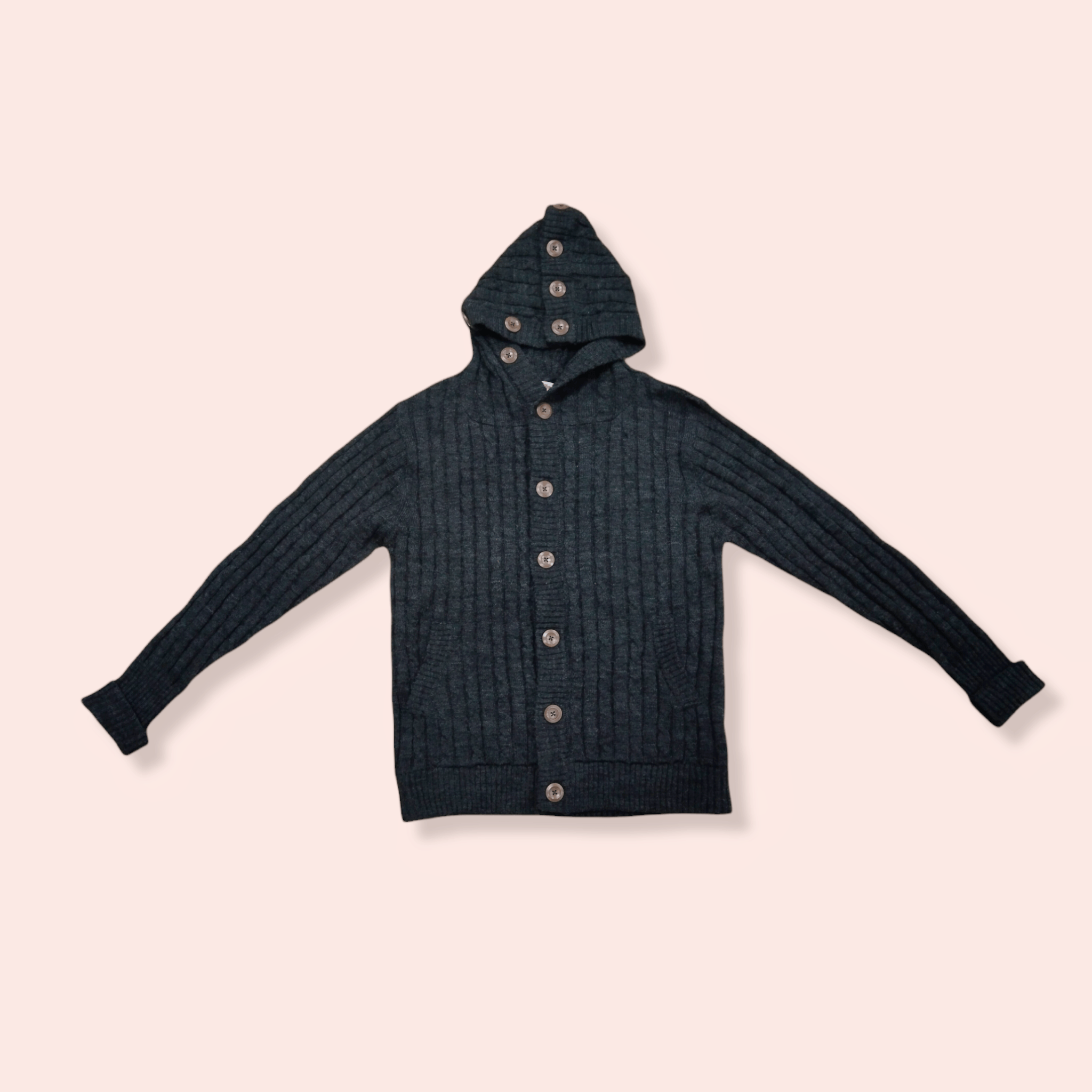 image of Jungle Storm Japan Full Button Up Coloured Cable Cardigans in Dark Grey, Men's (Size Large)