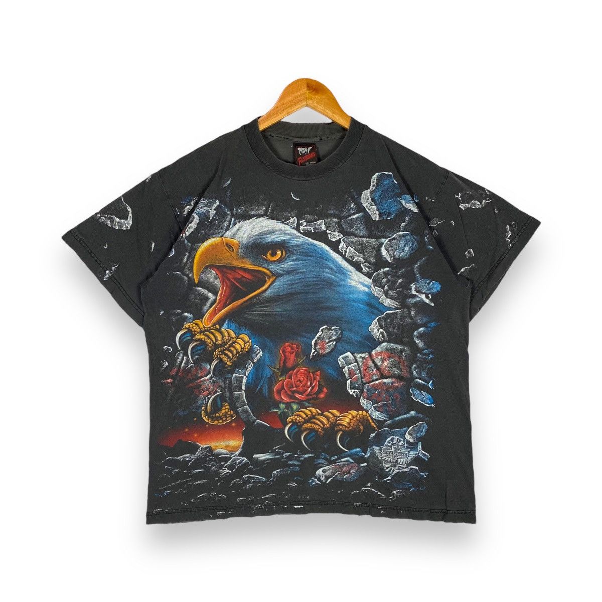 image of Animal Tee x Vintage 90's Eagle Alloverprint Distressed Rock Eagle Tee in Black, Men's (Size Large)