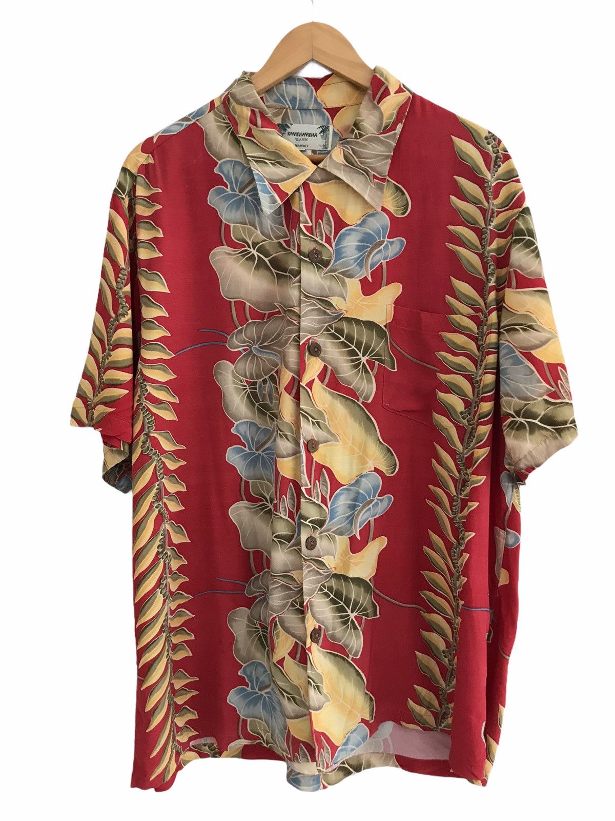 Vintage Kamehameha Red Border Floral Rayon Hawaiian Shirt