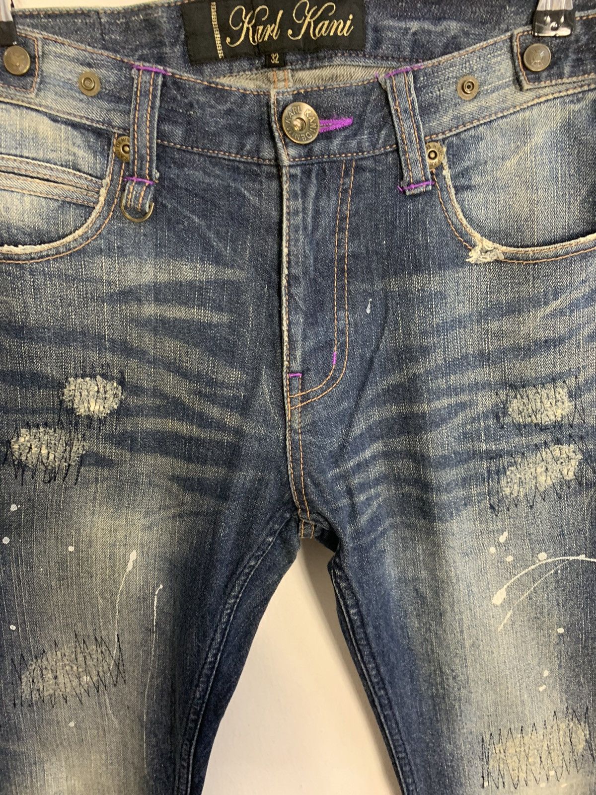Karl Kani × Vintage 90s Karl Kani Gold Distressed Paint Spalsh Indigo Denim Size US 32 / EU 48 - 3 Thumbnail