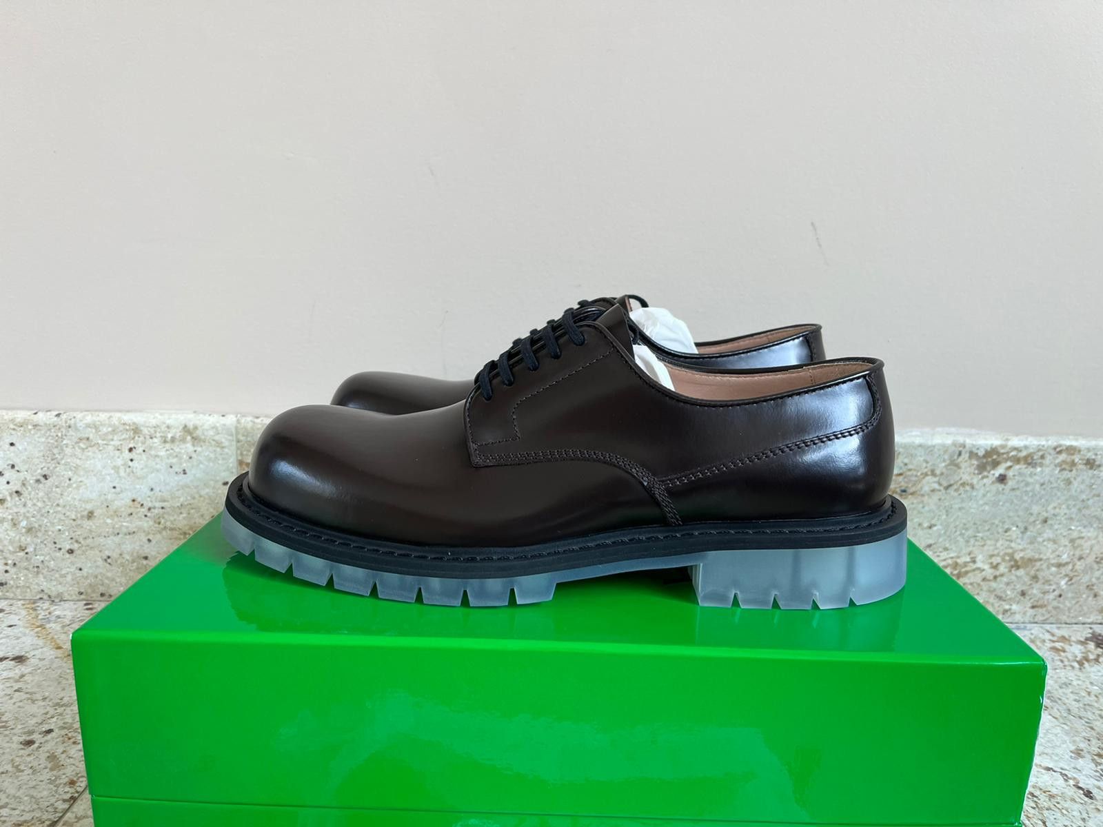 image of Bottega Veneta Brushed Calfskin Leather Derby Shoes In Espresso Color, Men's (Size 12)