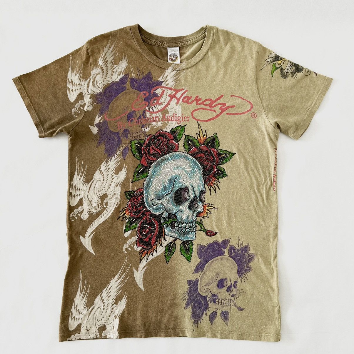 image of Archival Clothing Ed Hardy Vintage Y2K Skull Dragon Rose Print T-Shirt, Men's (Size Small)