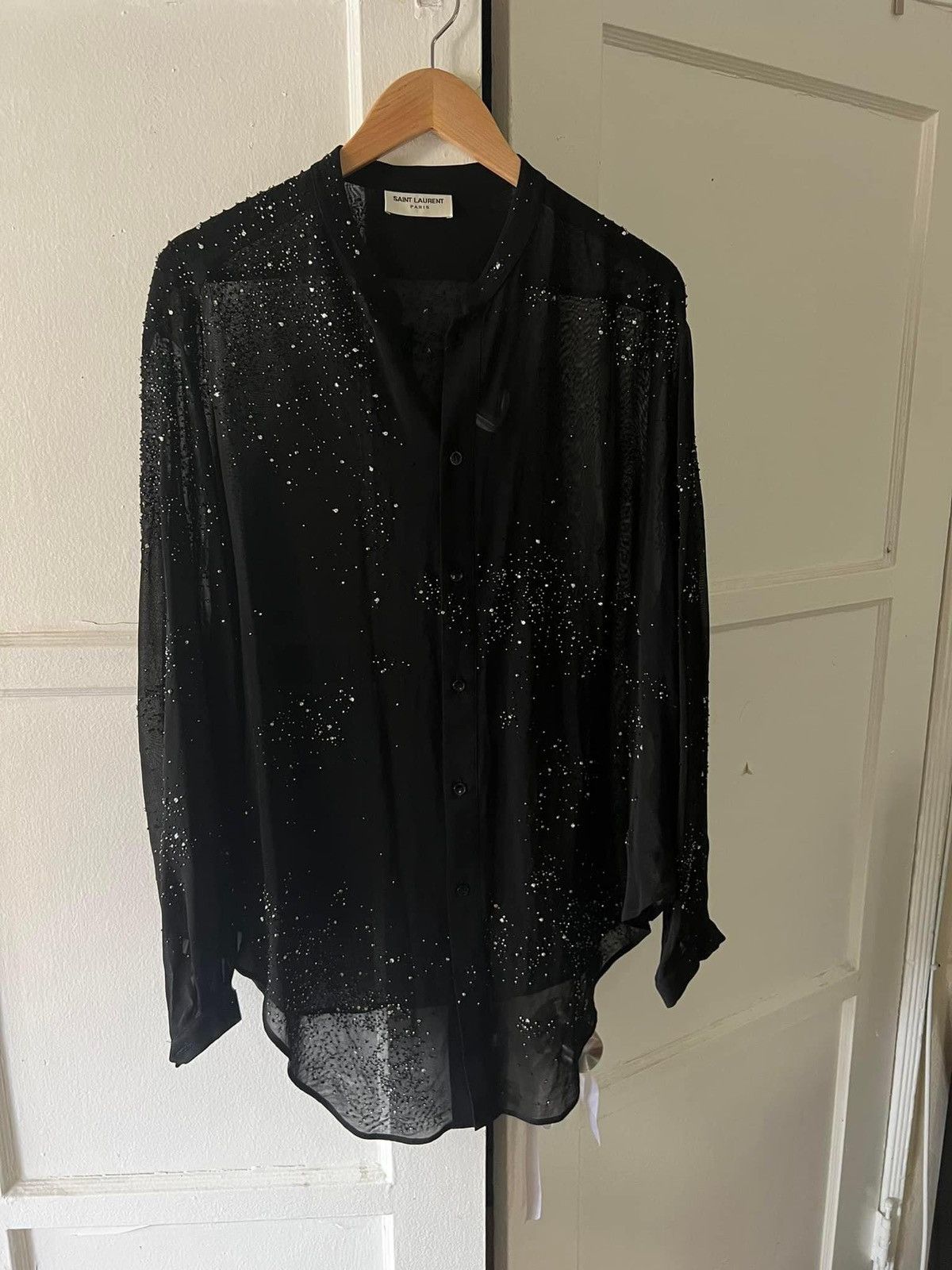 image of Saint Laurent Paris Crystal Embellished Sheer Tie Up Shirt in Black, Men's (Size Medium)