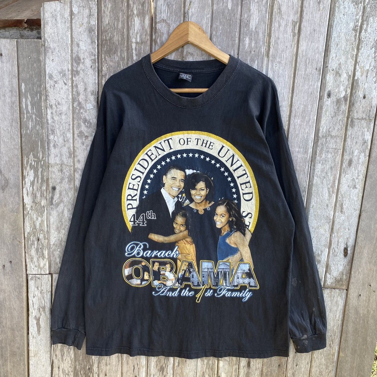 image of Thrashed Faded Vintage Y2K Barack Obama President L/s Tee in Black, Men's (Size XL)