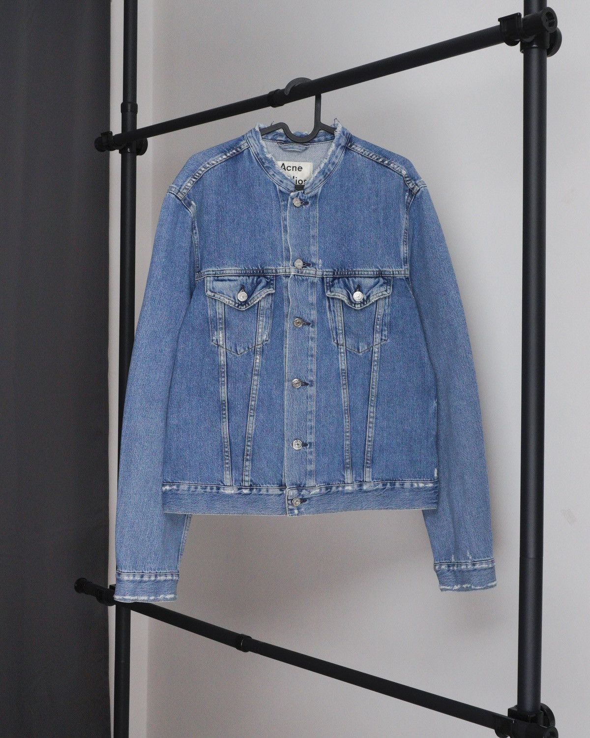 image of Acne Studios Who Ind Fray Distressed Light Blue Denim Jacket, Men's (Size Medium)
