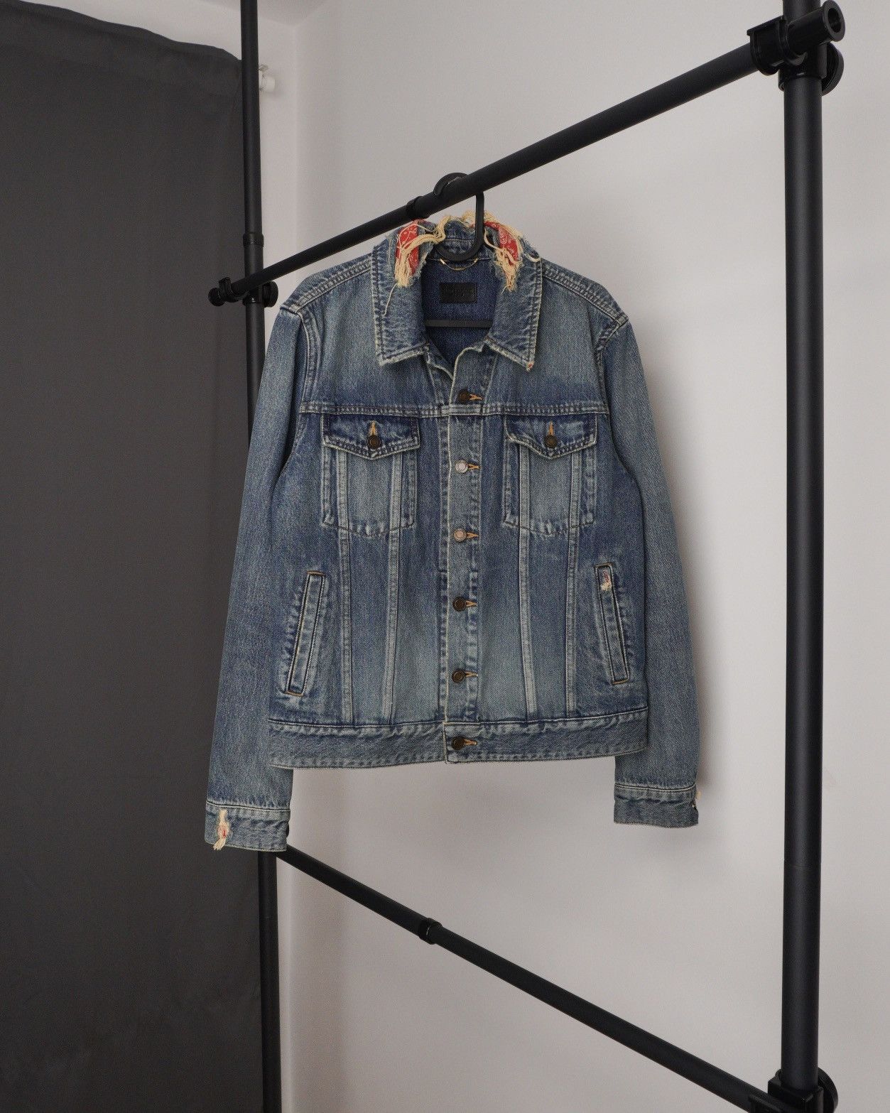 image of Saint Laurent Paris Saint Laurent Bandana Distressed Denim Jacket in Blue, Men's (Size Small)