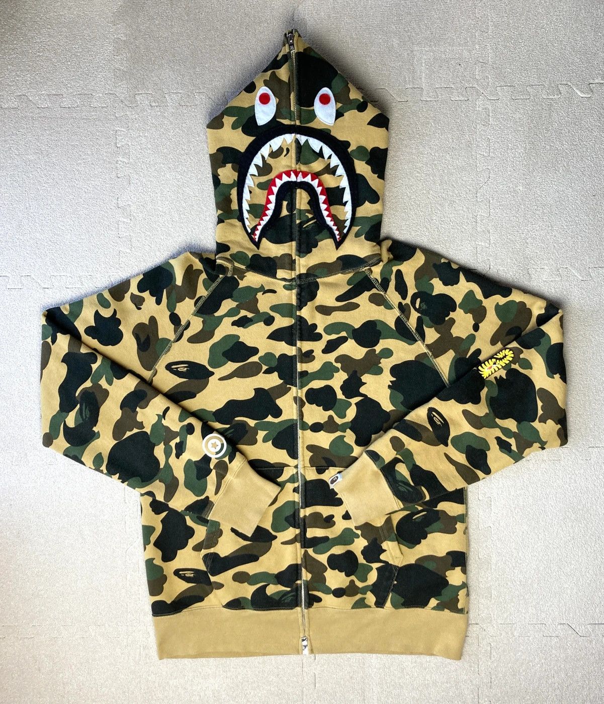 image of Bape 1St Camo Yellow Shark Ponr Full Zip Hoodie From Japan, Men's (Size XL)