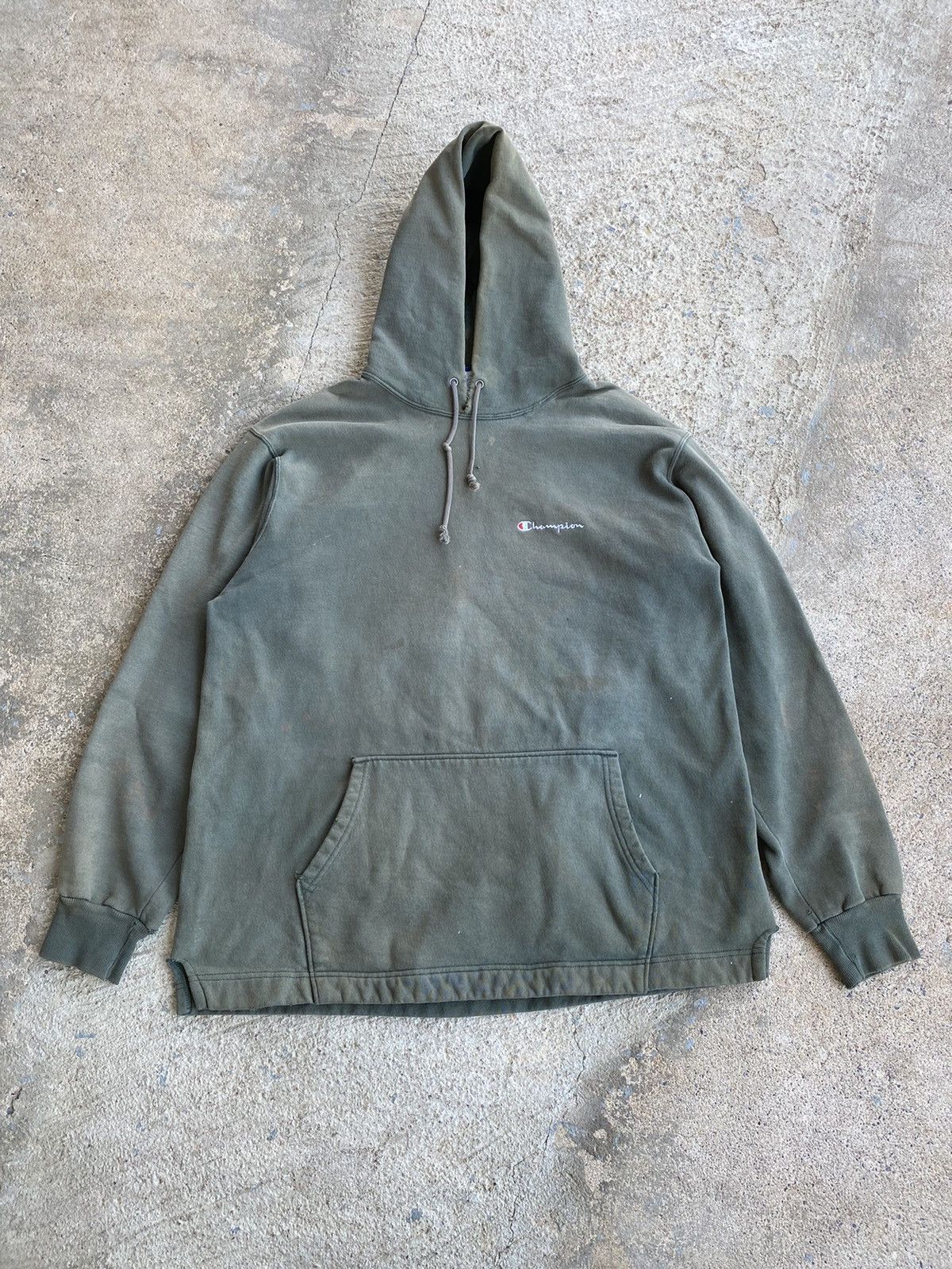 Champion × Vintage Vintage 90’s Champion Olive Fade Distressed Hood Sweatshirt Size US XL / EU 56 / 4 - 1 Thumbnail