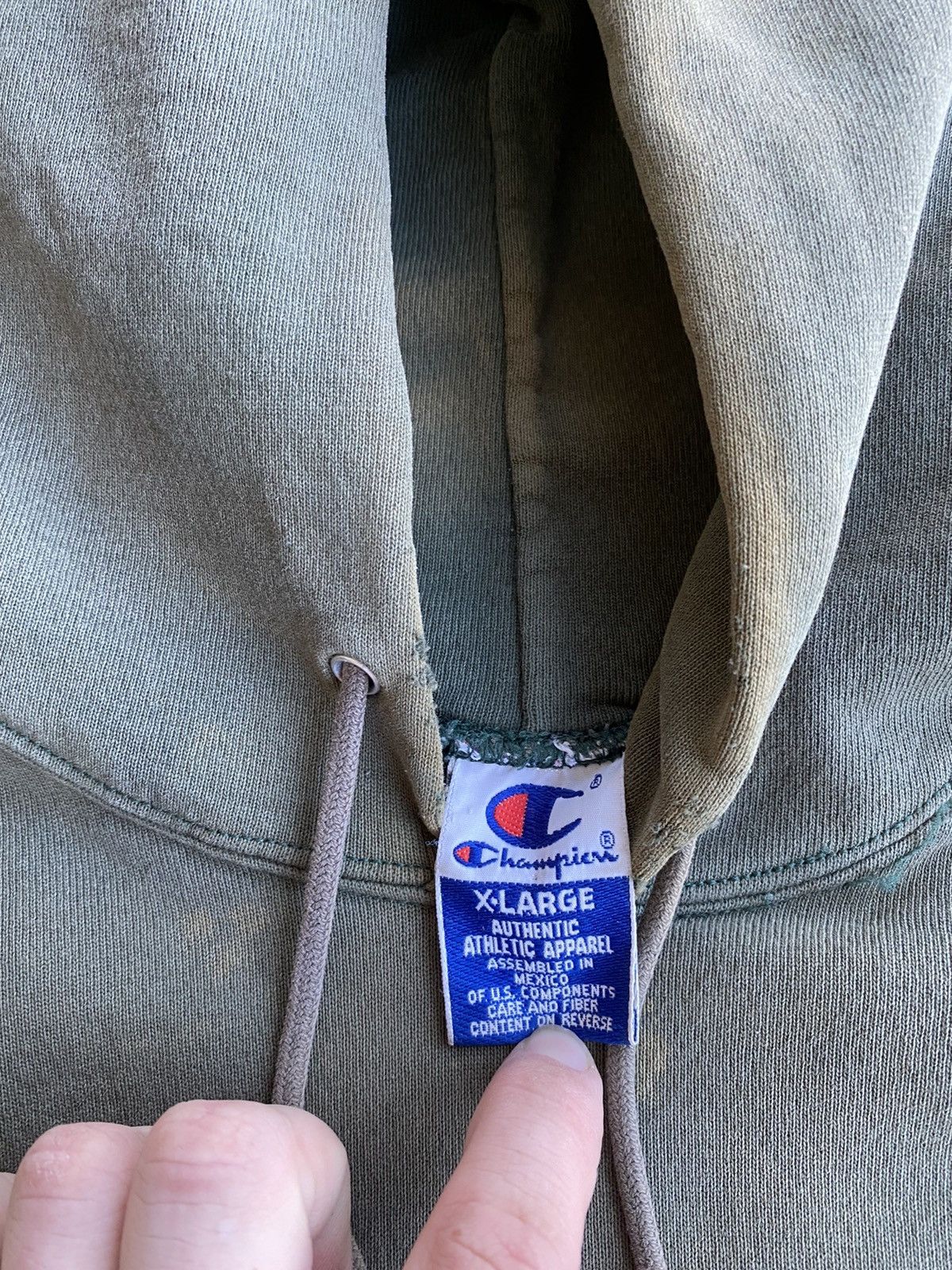 Champion × Vintage Vintage 90’s Champion Olive Fade Distressed Hood Sweatshirt Size US XL / EU 56 / 4 - 9 Thumbnail
