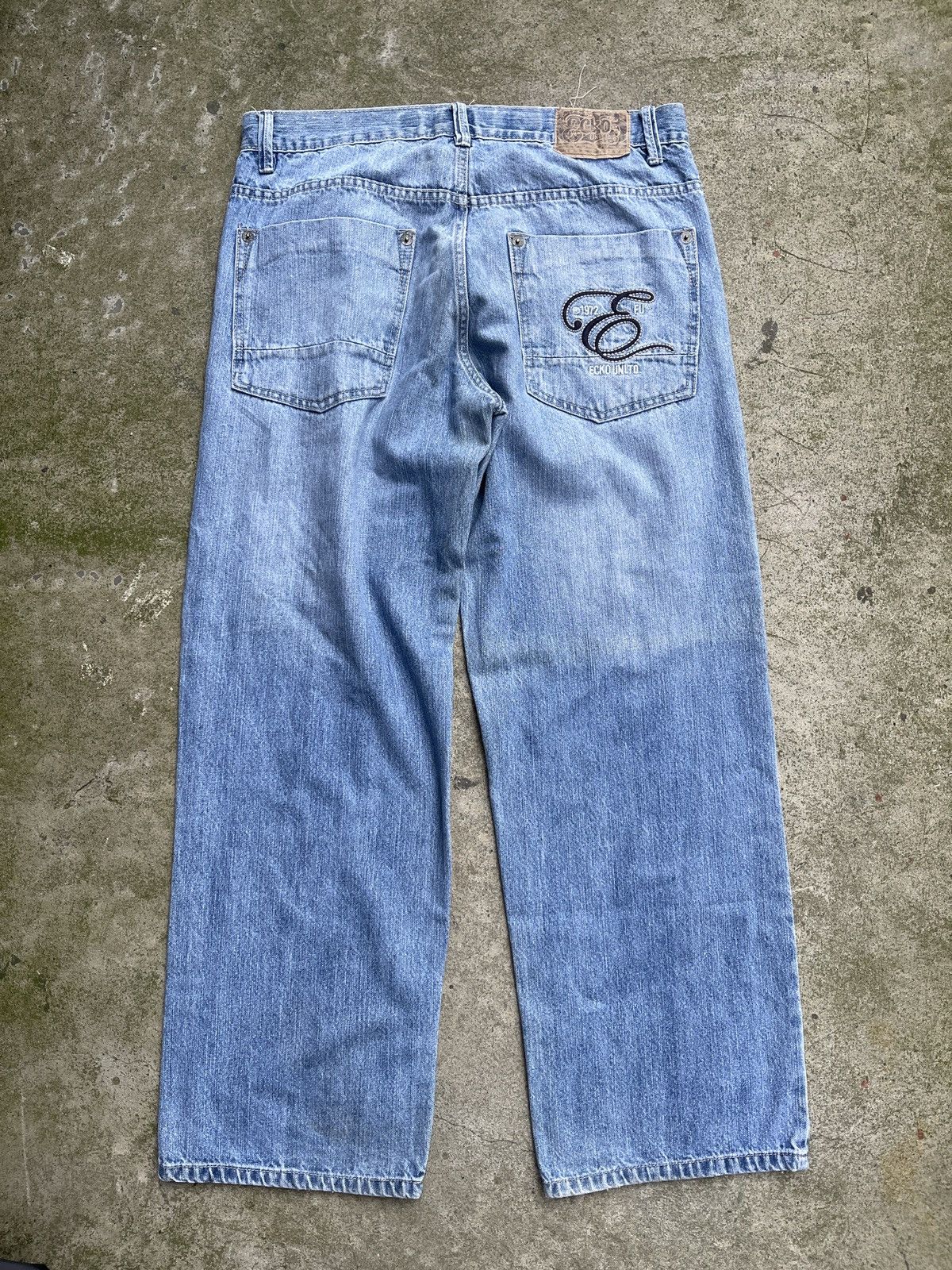 image of Ecko Unltd x Jnco Vintage Y2K Ecko Baggy Wide Pipe Denim Jeans Embroidered 34 in Blue, Men's