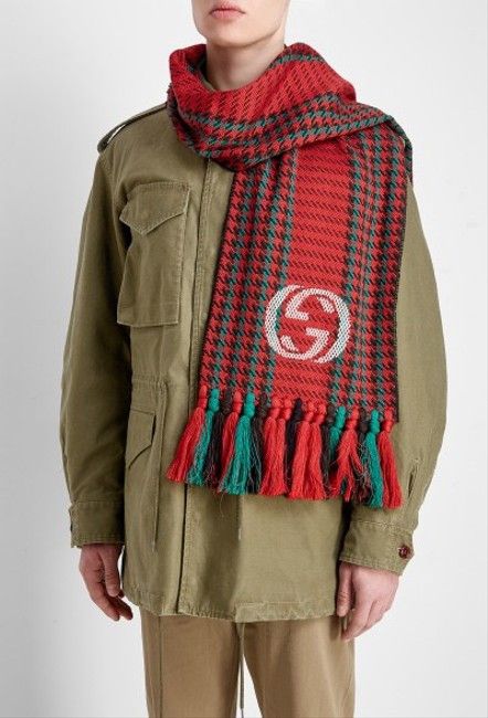 image of Gucci Red Green Houndstooth GG Logo Fringe Wool Scarf, Men's