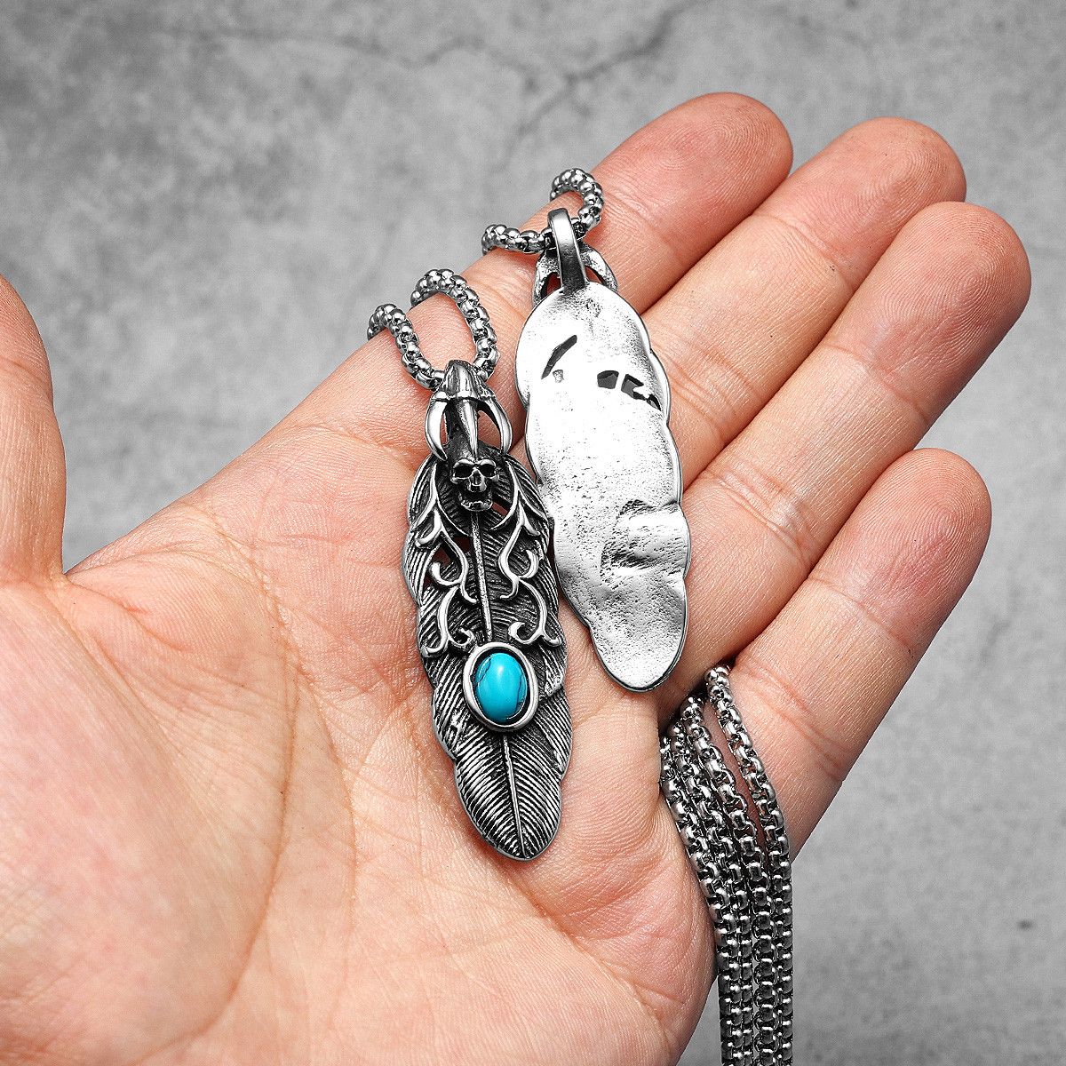 Jewelry 316L Stainless Steel Feather Skull Pendant Necklace Size ONE SIZE - 1 Thumbnail