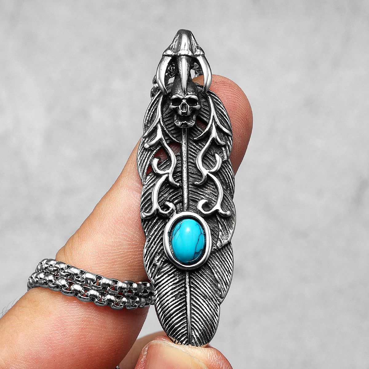 Jewelry 316L Stainless Steel Feather Skull Pendant Necklace Size ONE SIZE - 2 Thumbnail