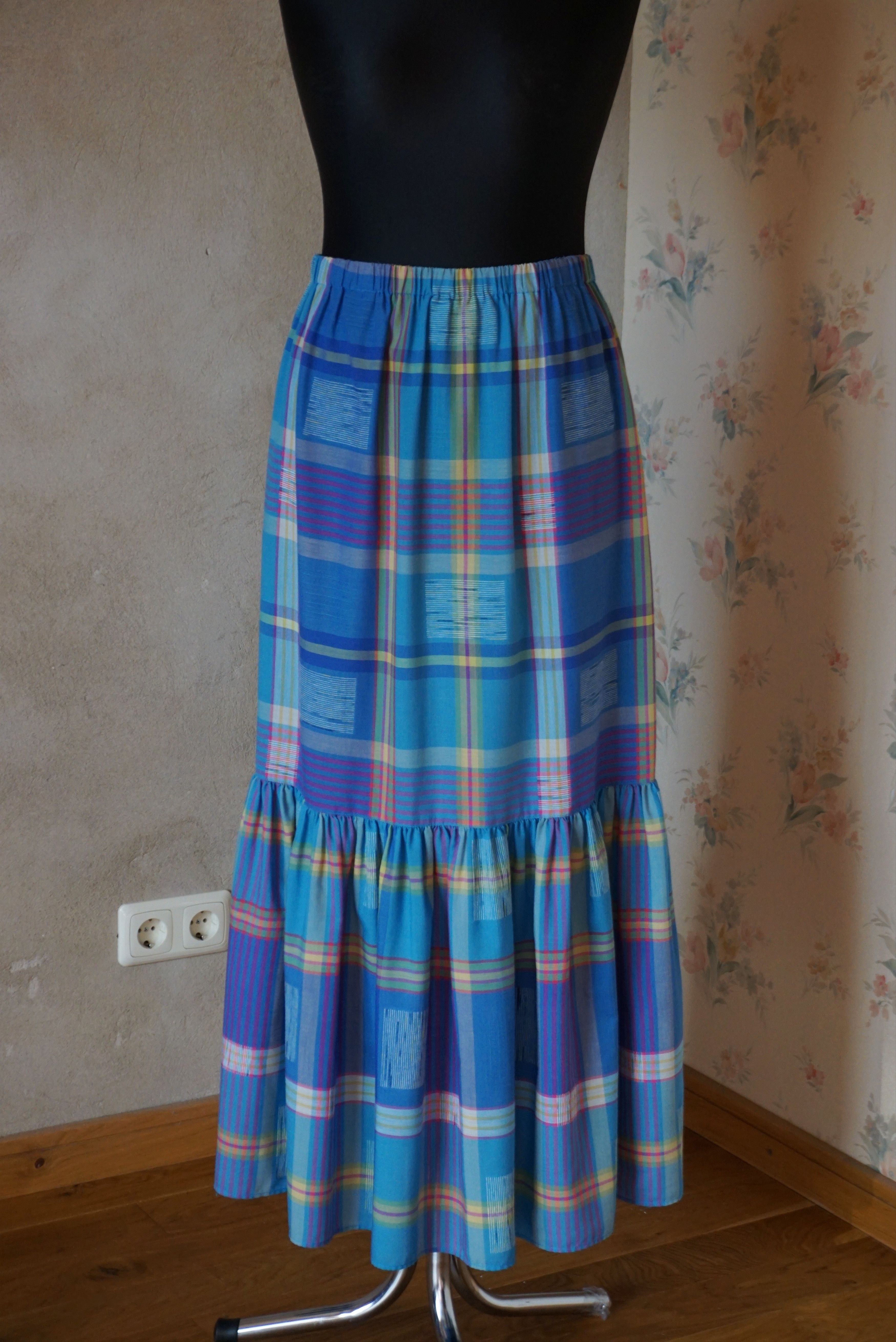 Designer True Vintage 80s 70s long skirt M 6/8 36 check French twiggy Size 28" / US 6 / IT 42 - 1 Thumbnail
