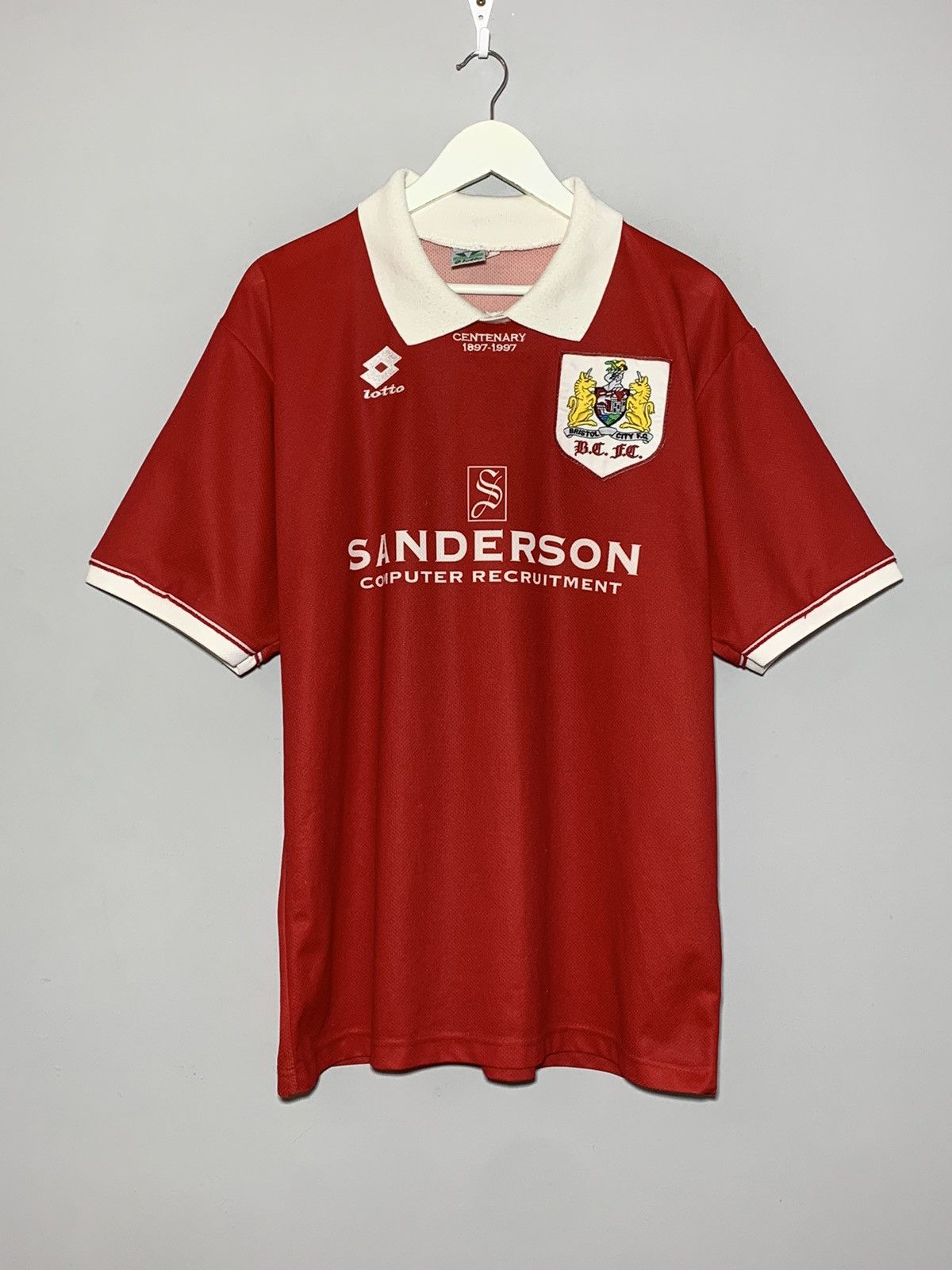 image of Bristol City 1996/97 Lotto Vintage Y2K Football Shirt in Red, Men's (Size XL)