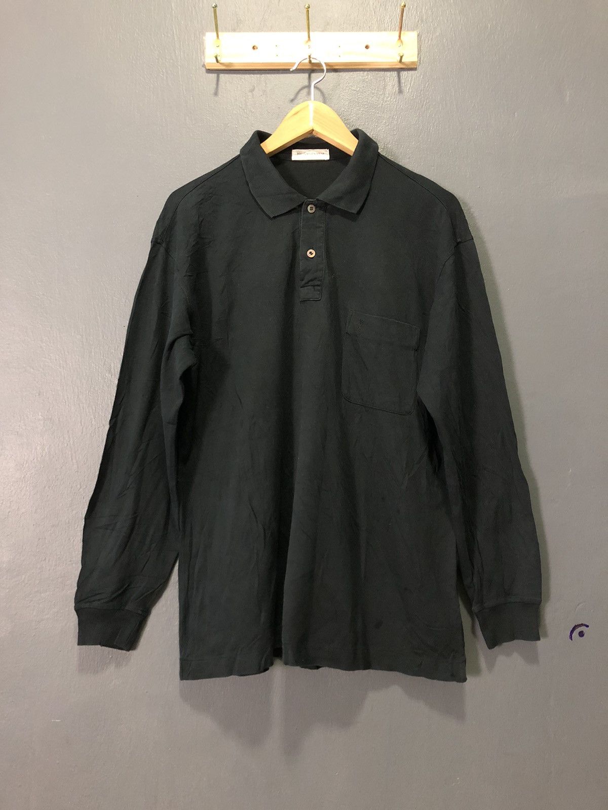 image of Vintage YSL Single Pocket Long Sleeve Polo Shirt in Black, Men's (Size Medium)