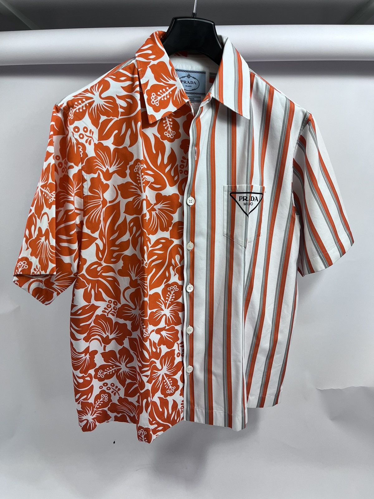 image of Prada Split Orange Floral Grey Orange Stripe Bowling Shirt, Men's (Size Large)