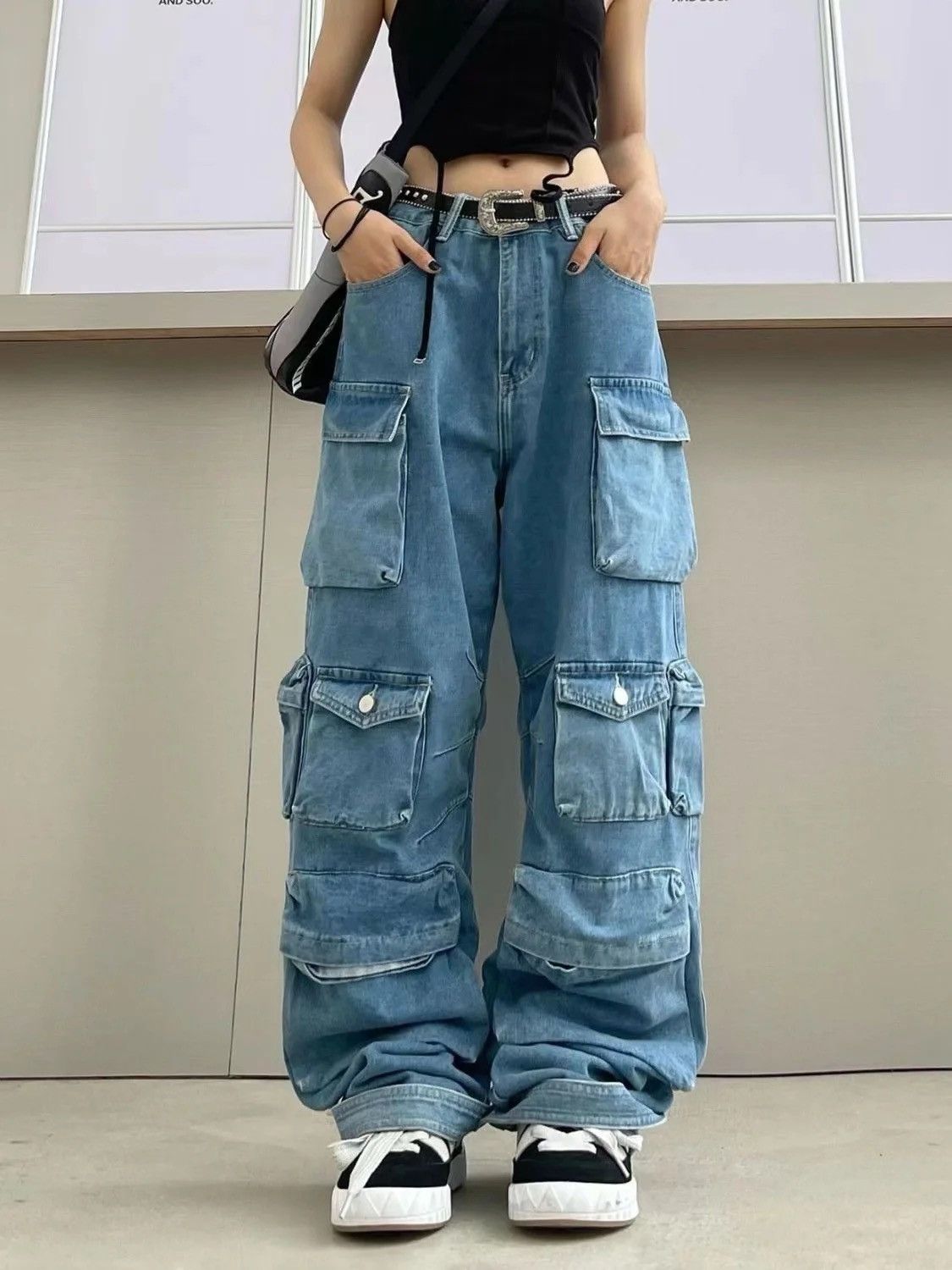 Multi-Pocket Blue Cargo Baggy Pants