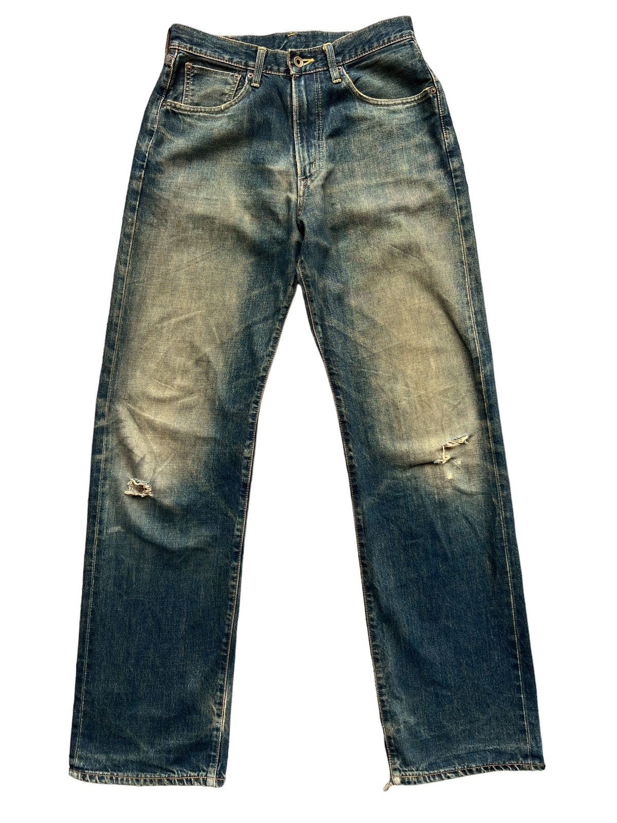 image of Edwin 505 Selvadge Distressed Mudwash Jeans 30X35 in Blue Rusted, Men's
