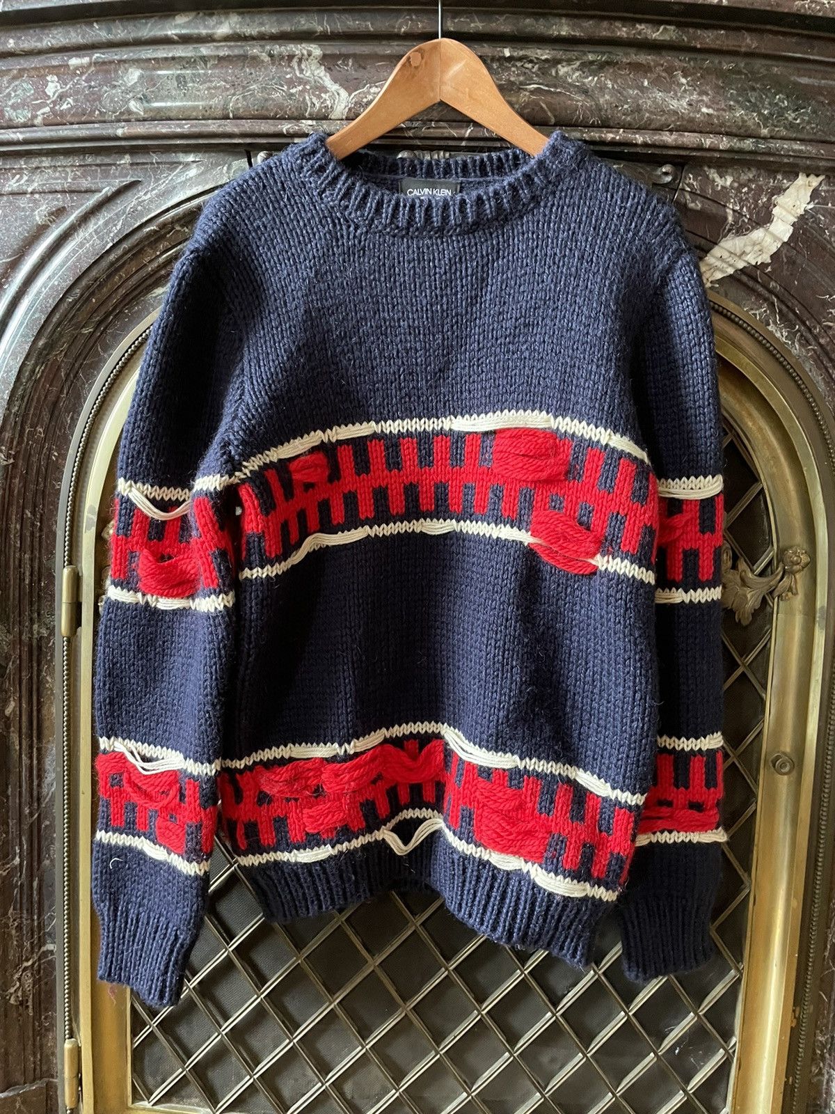 image of Calvin Klein 205W39Nyc x Raf Simons Fw18 Striped Distressed Runway Knit in Blue, Men's (Size XS)