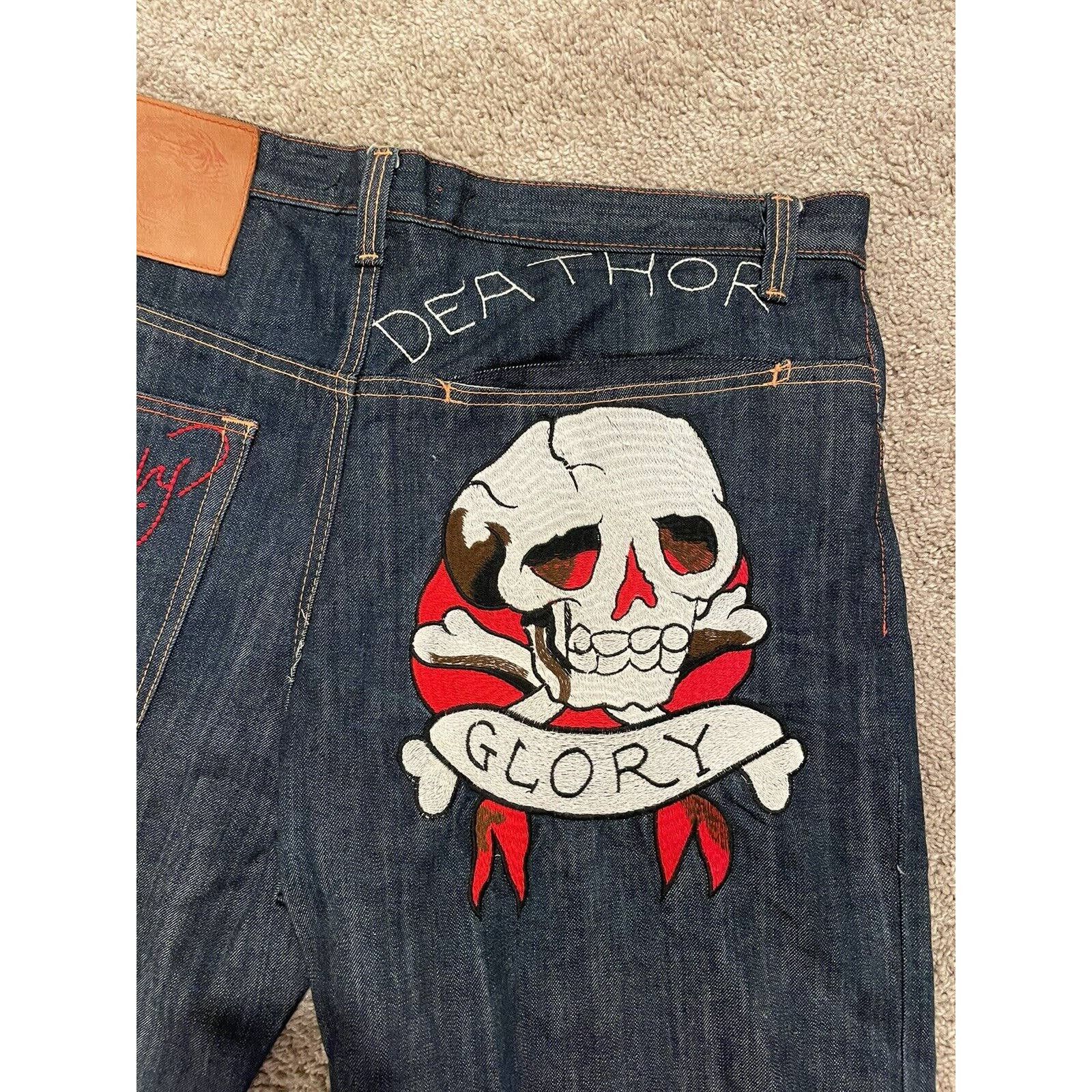 Ed 2024 Hardy Embroidered Skull Death Or Glory Mens Jean Shorts Size 34.