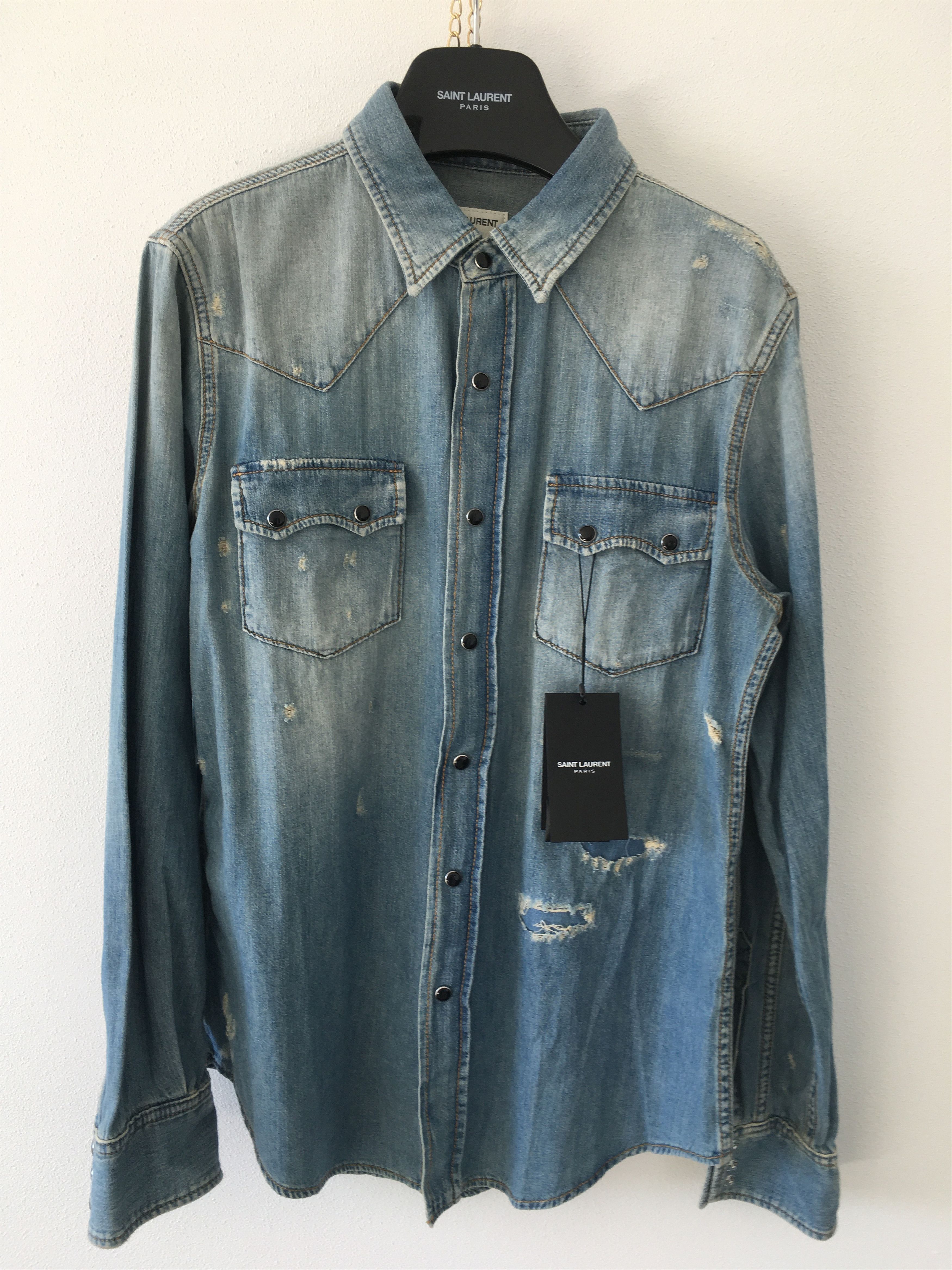 image of Saint Laurent Paris Ss'19 Shirt Western Distressed Denim in Light Blue, Men's (Size Small)