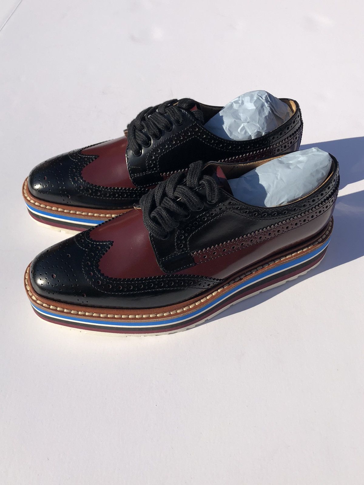 image of Prada Burgundy Black Platform Brogue Trim Oxford Size 34.5 Shoes, Women's