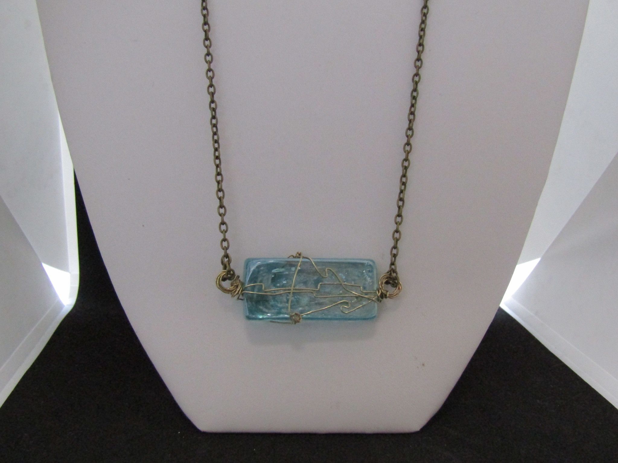 Handmade Sea Blue Glass Tile Bronze necklace Size ONE SIZE - 1 Thumbnail