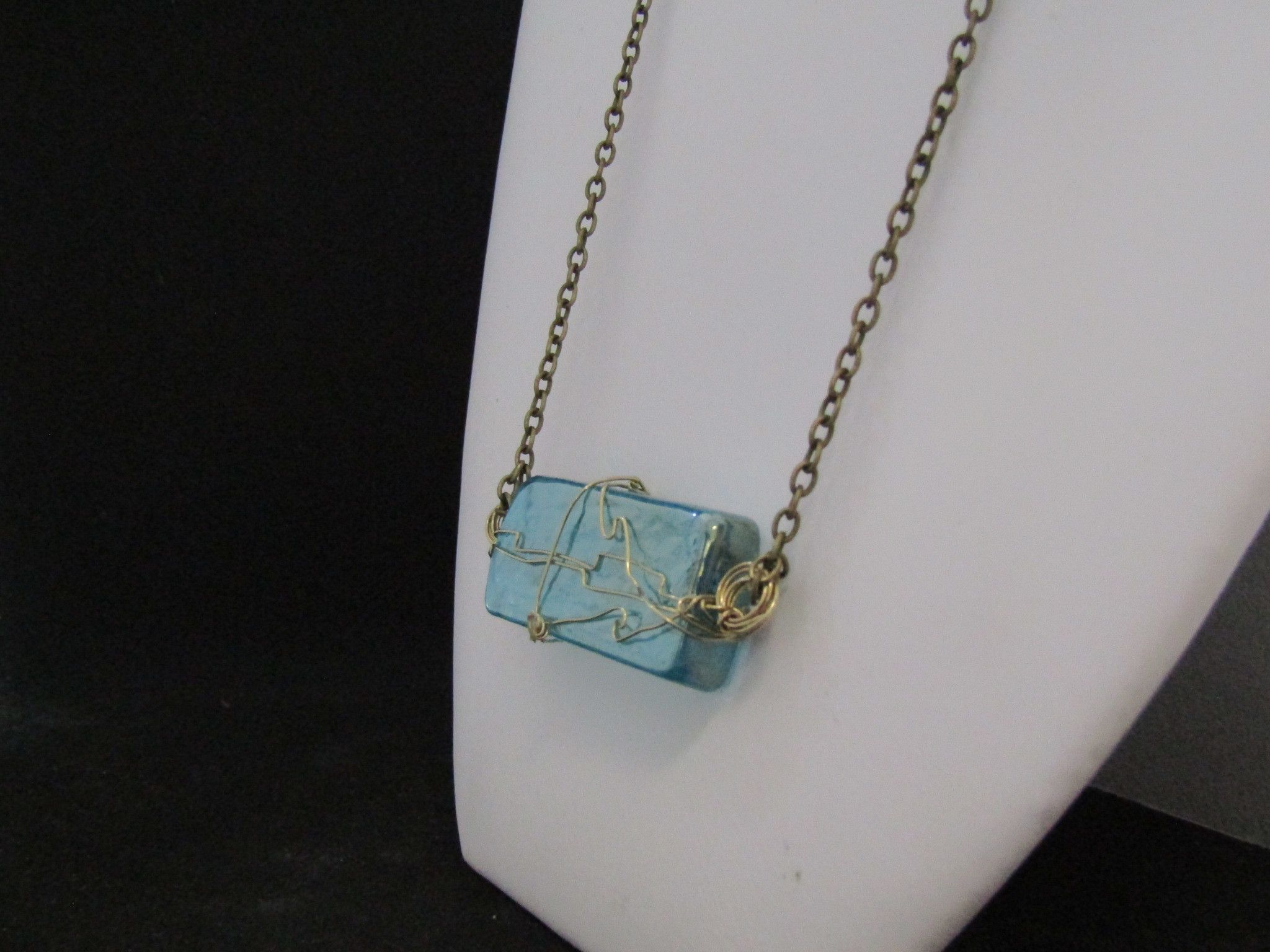 Handmade Sea Blue Glass Tile Bronze necklace Size ONE SIZE - 2 Thumbnail