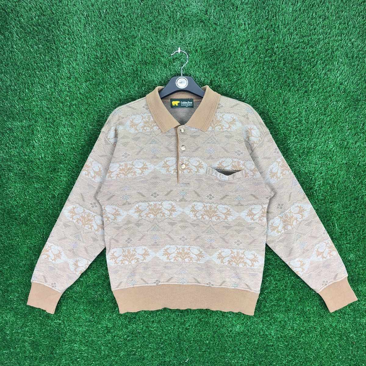 image of 80's Golden Bear Polo Knit Shirt Single Pocket in Brown, Men's (Size Medium)