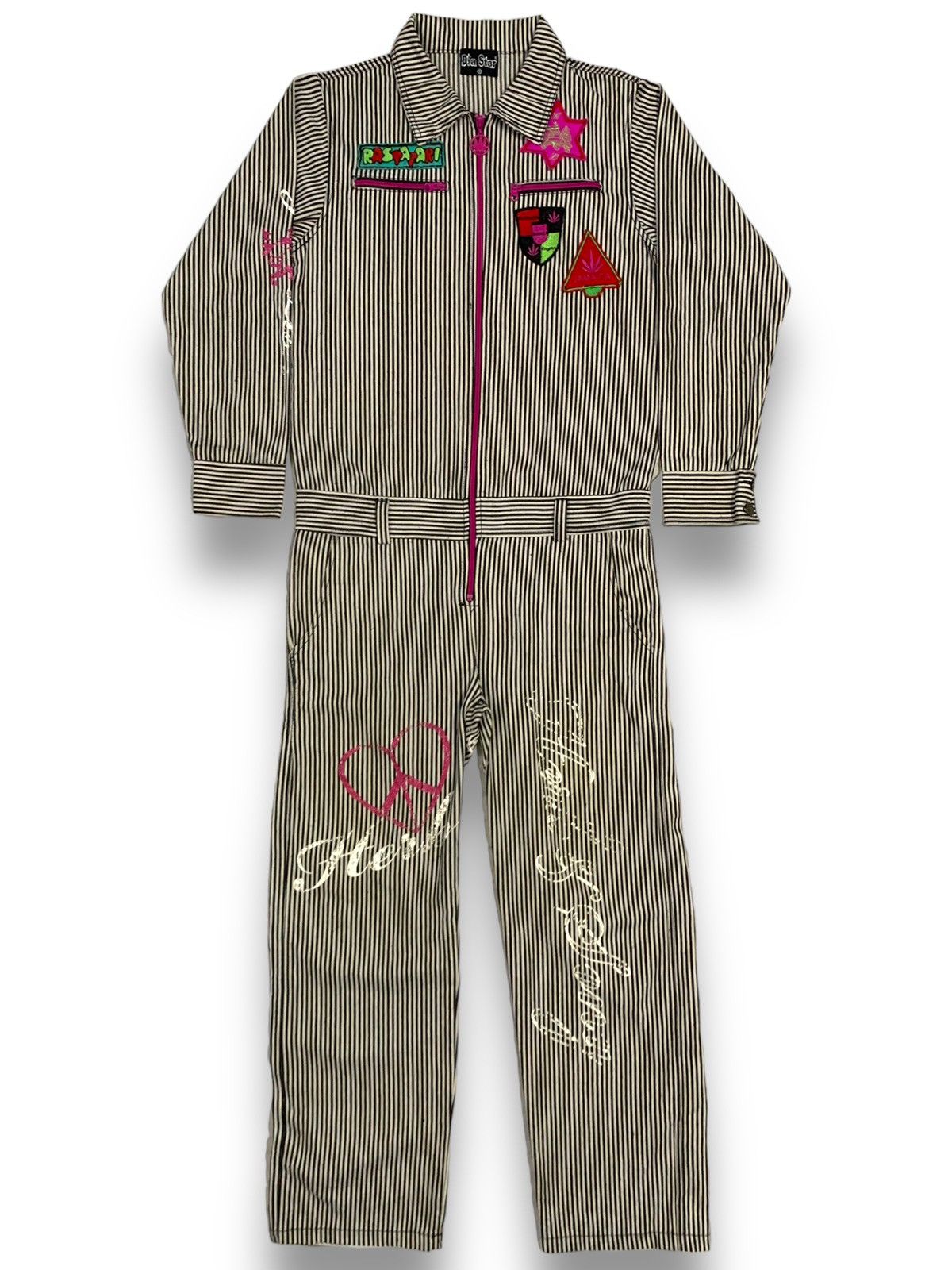 image of Bob Marley x Overalls Hickory Stripes Patches Printed 420 Overalls in Black/White (Size 35)