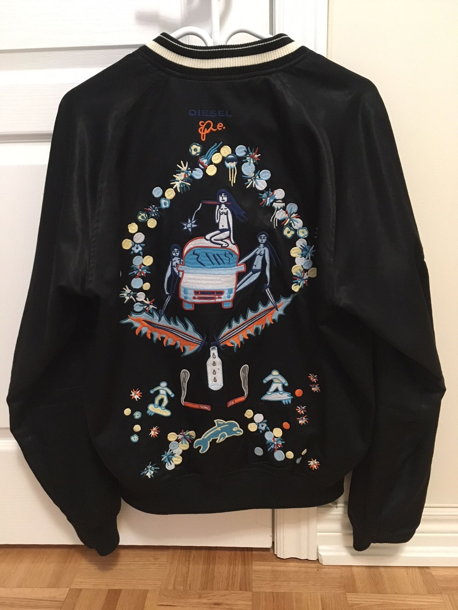 Embroidered Bomber Jacket offers Reversible Blue Black Cotton Vintage Rare 90s Unisex