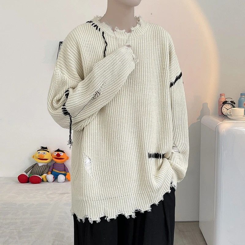 Japanese Brand Korean fashion beige distressed knit sweater knitwear Size US L / EU 52-54 / 3 - 1 Thumbnail