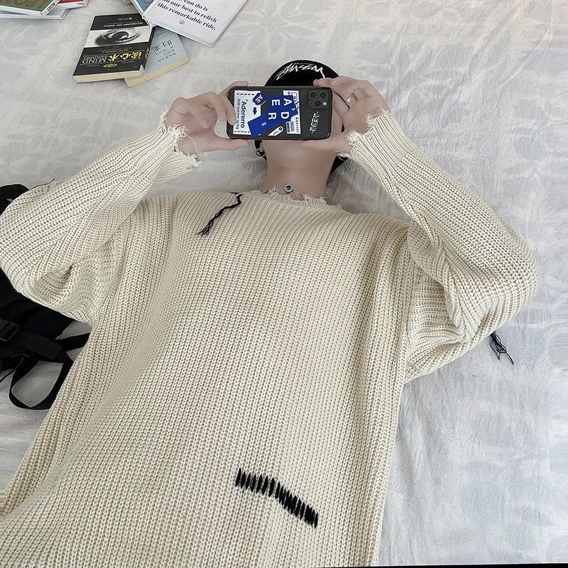 Japanese Brand Korean fashion beige distressed knit sweater knitwear Size US L / EU 52-54 / 3 - 3 Thumbnail