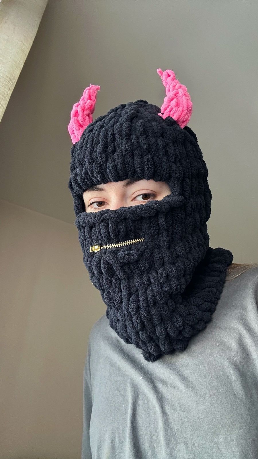 Devil Horns ski mask mouth open . Balaclava . Winter hat