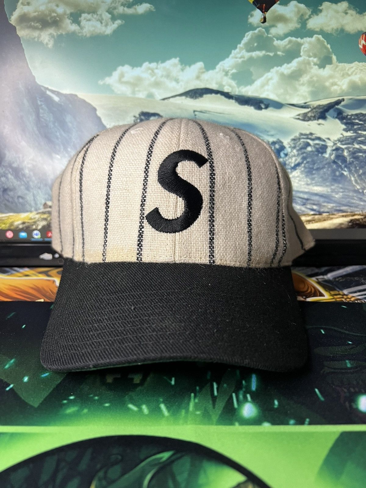 image of American Needle x Supreme 2008 Wool Pinstripe S Logo Cap in Black, Men's