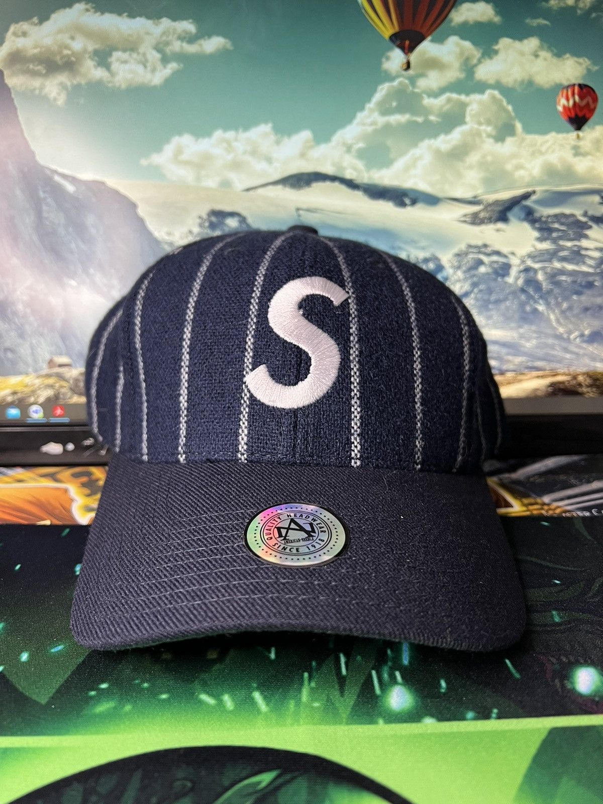 image of American Needle x Supreme 2008 Wool Pinstripe S Logo Cap in Navy, Men's