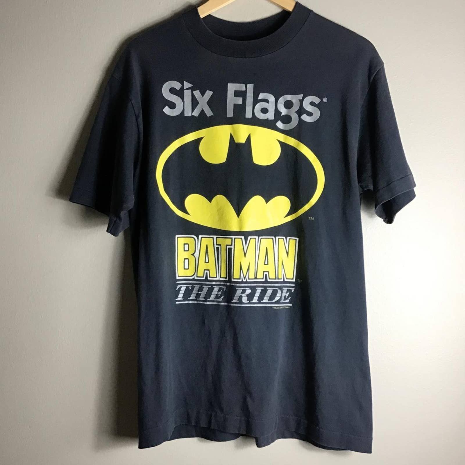 Vintage 90s 1994 SIX FLAGS Batman The Ride Theme Park Tee Black shops T Shirt