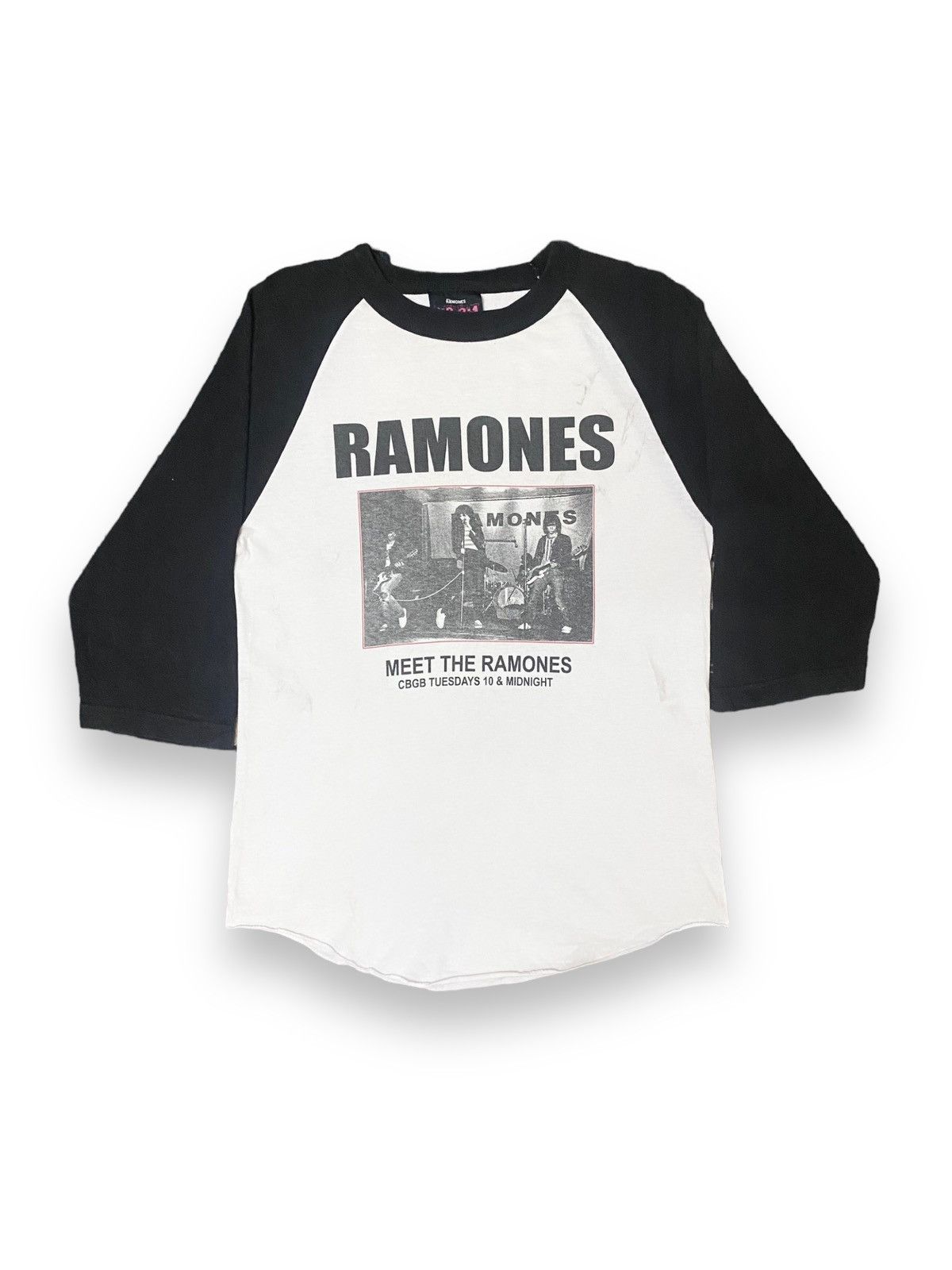 image of Band Tees x Rock Band Vintage Y2K Punk Rock Band Ramones Meet At Cbgb Three Quater in White Black (