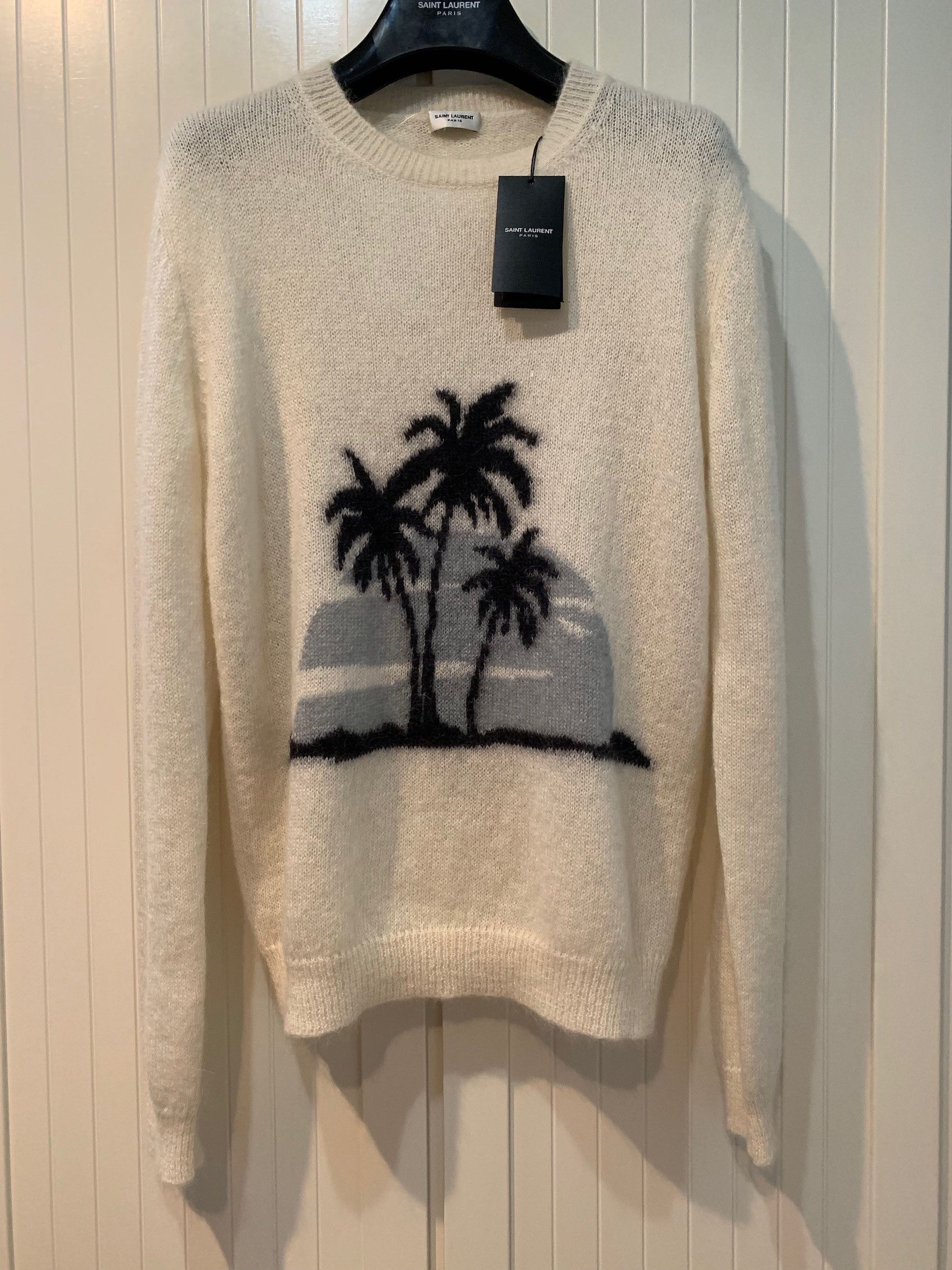 image of Saint Laurent Paris Ss'18 Palm Print Knit Sweater Mohair Blend in White, Men's (Size Medium)