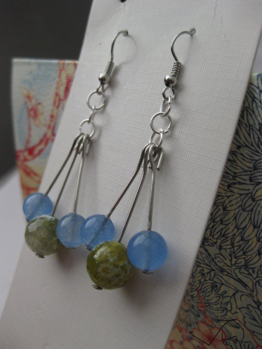 Handmade Blue Crystal and Green Agate Bead Stainless Steel Earrings Size ONE SIZE - 2 Thumbnail