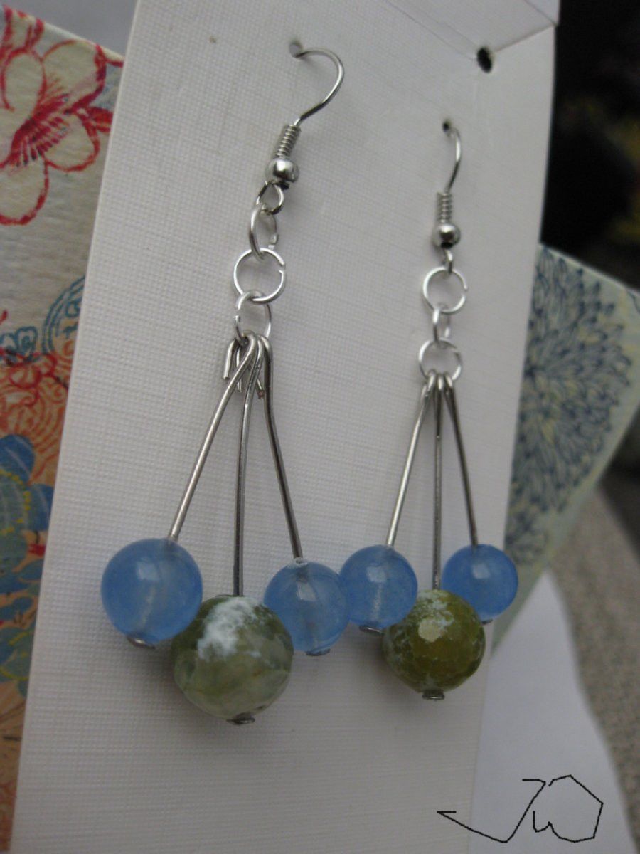 Handmade Blue Crystal and Green Agate Bead Stainless Steel Earrings Size ONE SIZE - 3 Thumbnail