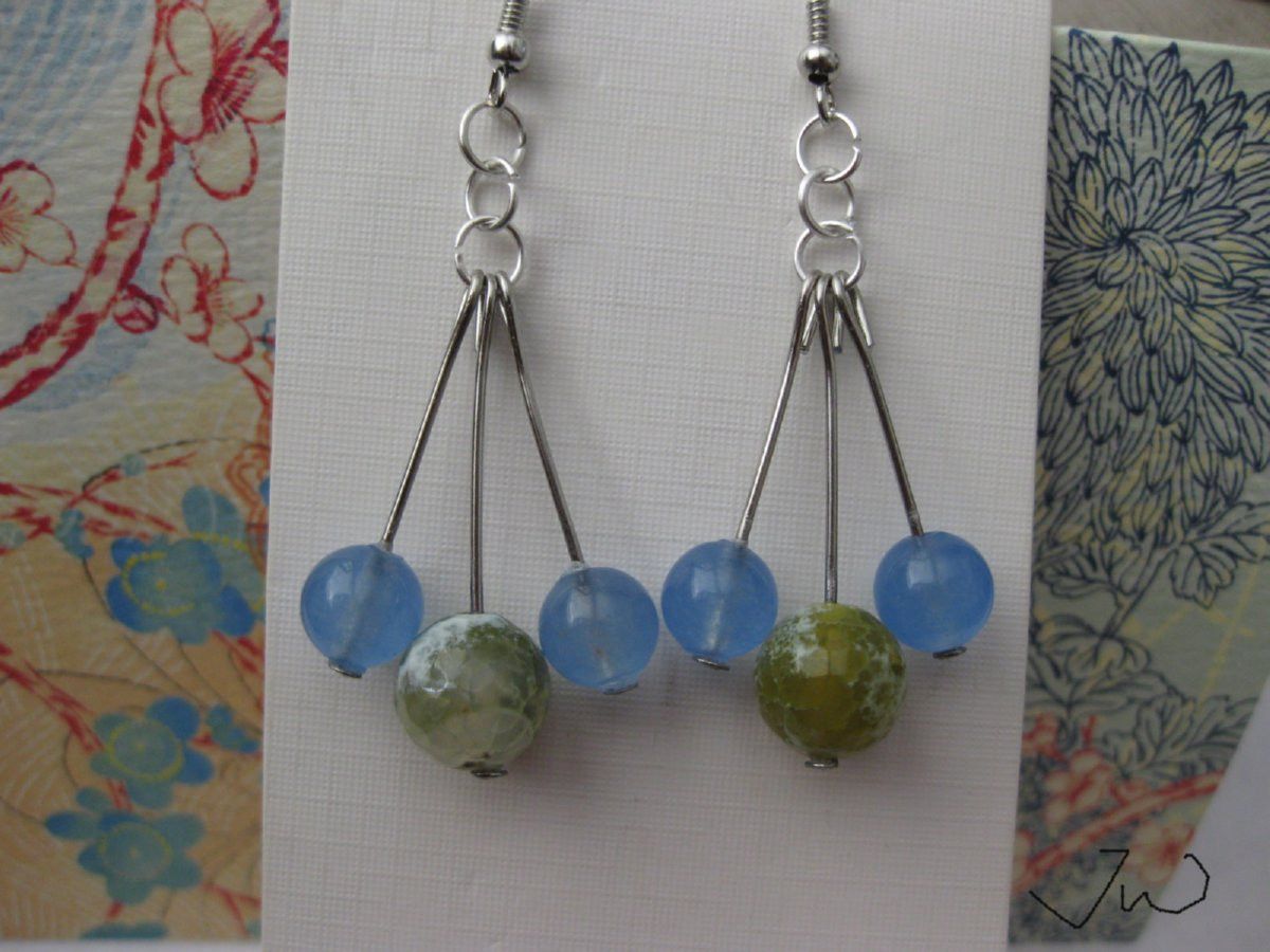 Handmade Blue Crystal and Green Agate Bead Stainless Steel Earrings Size ONE SIZE - 4 Thumbnail