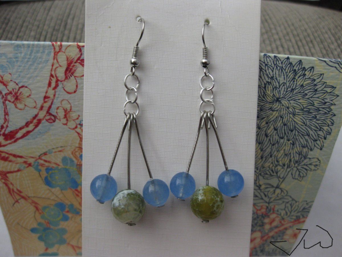 Handmade Blue Crystal and Green Agate Bead Stainless Steel Earrings Size ONE SIZE - 1 Thumbnail