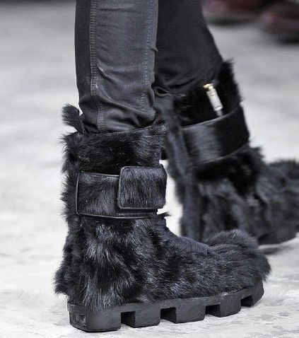 Rick Owens runway plinth long ponyhair hiker boots